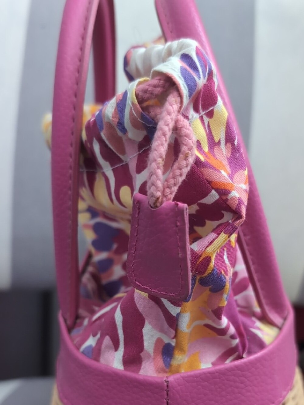 Pink Trim SMALL Woven Basket Tote with Floral Drawstring - Picture 7 of 12